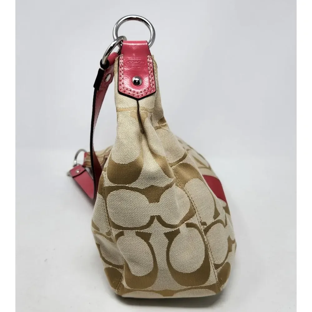 Vtg Y2K Coach Signature Stripe Hobo Shoulder Bag F19281 Khaki/Berry Pink